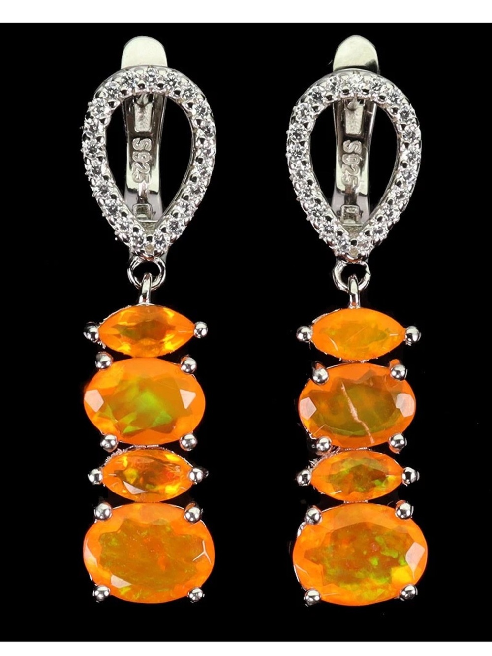 14K / 925 Sterling Silver Orange Fire Opal Drop Earrings NEW